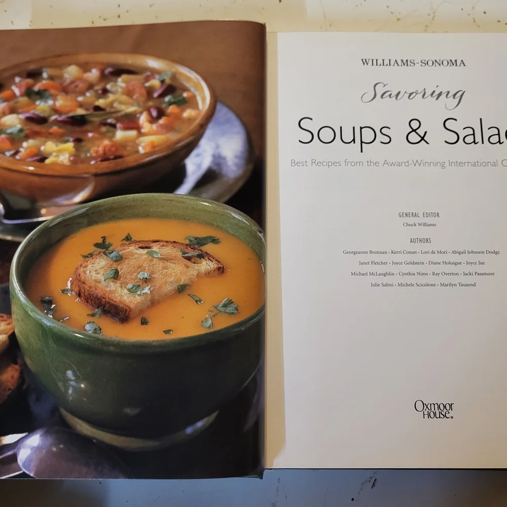 Williams Sonoma Soups & Salads Cookbook with Cream and Brown Cover
